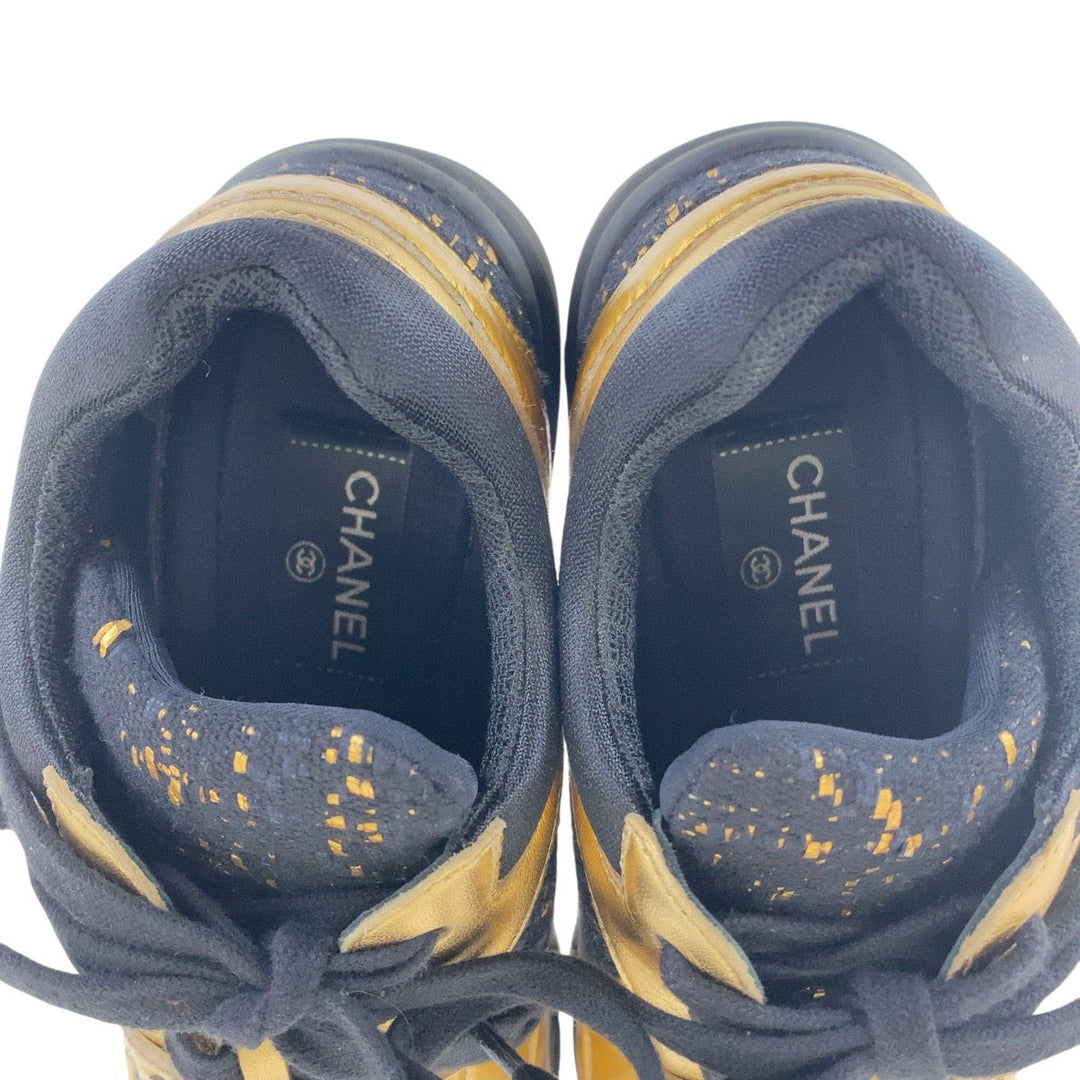 CHANEL sneakers Leather, Tweed Gold black Sneakers low cut COCO Mark Women 37.5 Used Authentic