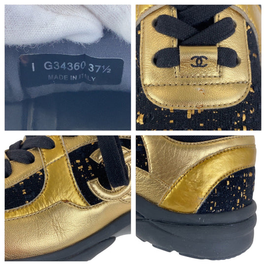CHANEL sneakers Leather, Tweed Gold black Sneakers low cut COCO Mark Women 37.5 Used Authentic