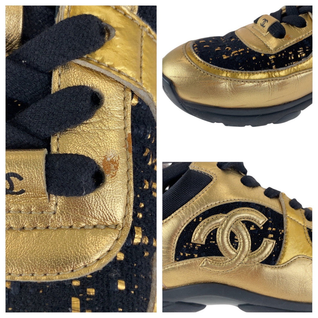CHANEL sneakers Leather, Tweed Gold black Sneakers low cut COCO Mark Women 37.5 Used Authentic