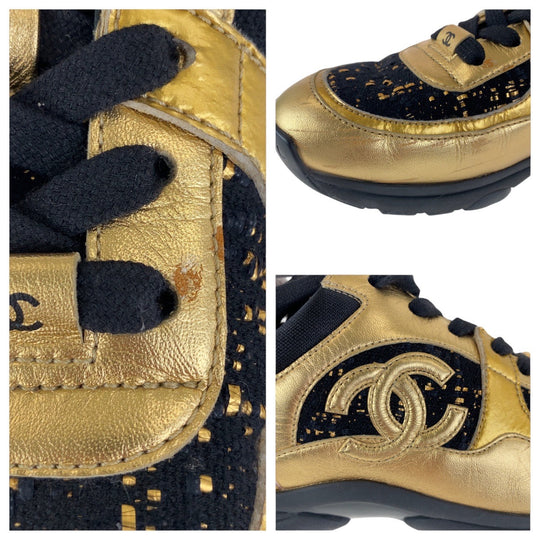 CHANEL sneakers Leather, Tweed Gold black Sneakers low cut COCO Mark Women 37.5 Used Authentic