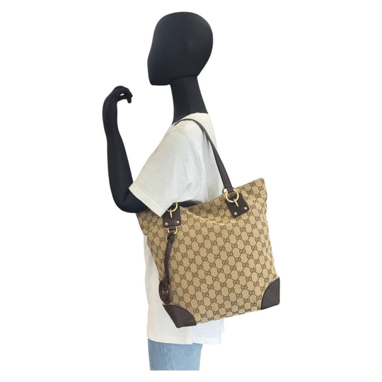 GUCCI Tote Bag 247237 GG canvas, leather Beige Brown Gold Metal Tote Bag Shoulder Bag Women Used Authentic