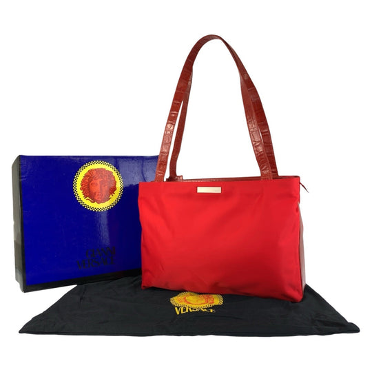 Gianni Versace Tote Bag Nylon, Leather Red Silver Metal Tote Bag Shoulder Bag Women Used Authentic