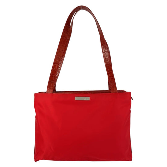 Gianni Versace Tote Bag Nylon, Leather Red Silver Metal Tote Bag Shoulder Bag Women Used Authentic