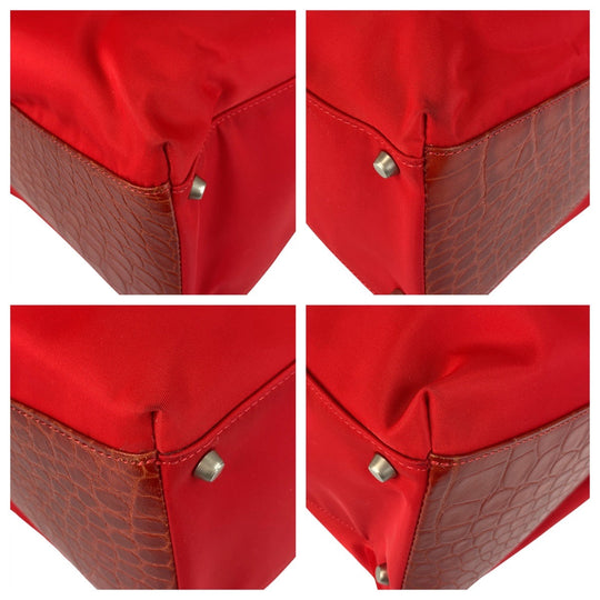 Gianni Versace Tote Bag Nylon, Leather Red Silver Metal Tote Bag Shoulder Bag Women Used Authentic
