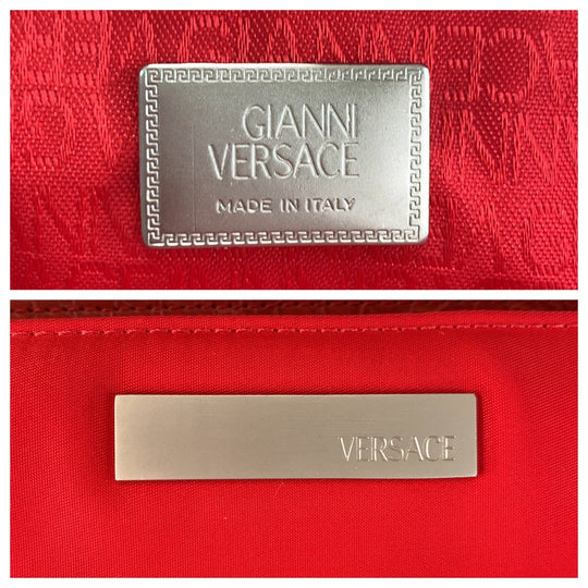 Gianni Versace Tote Bag Nylon, Leather Red Silver Metal Tote Bag Shoulder Bag Women Used Authentic