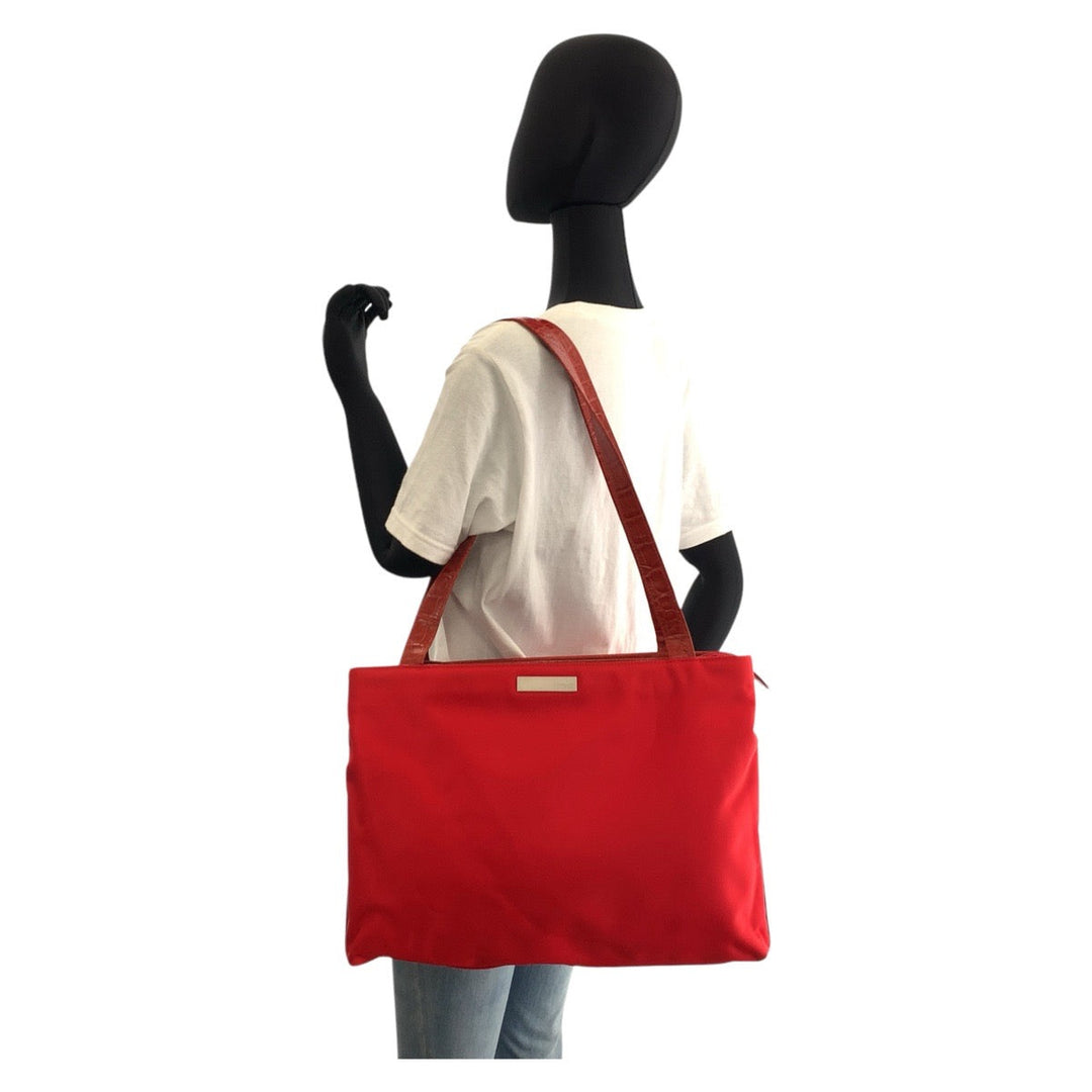 Gianni Versace Tote Bag Nylon, Leather Red Silver Metal Tote Bag Shoulder Bag Women Used Authentic