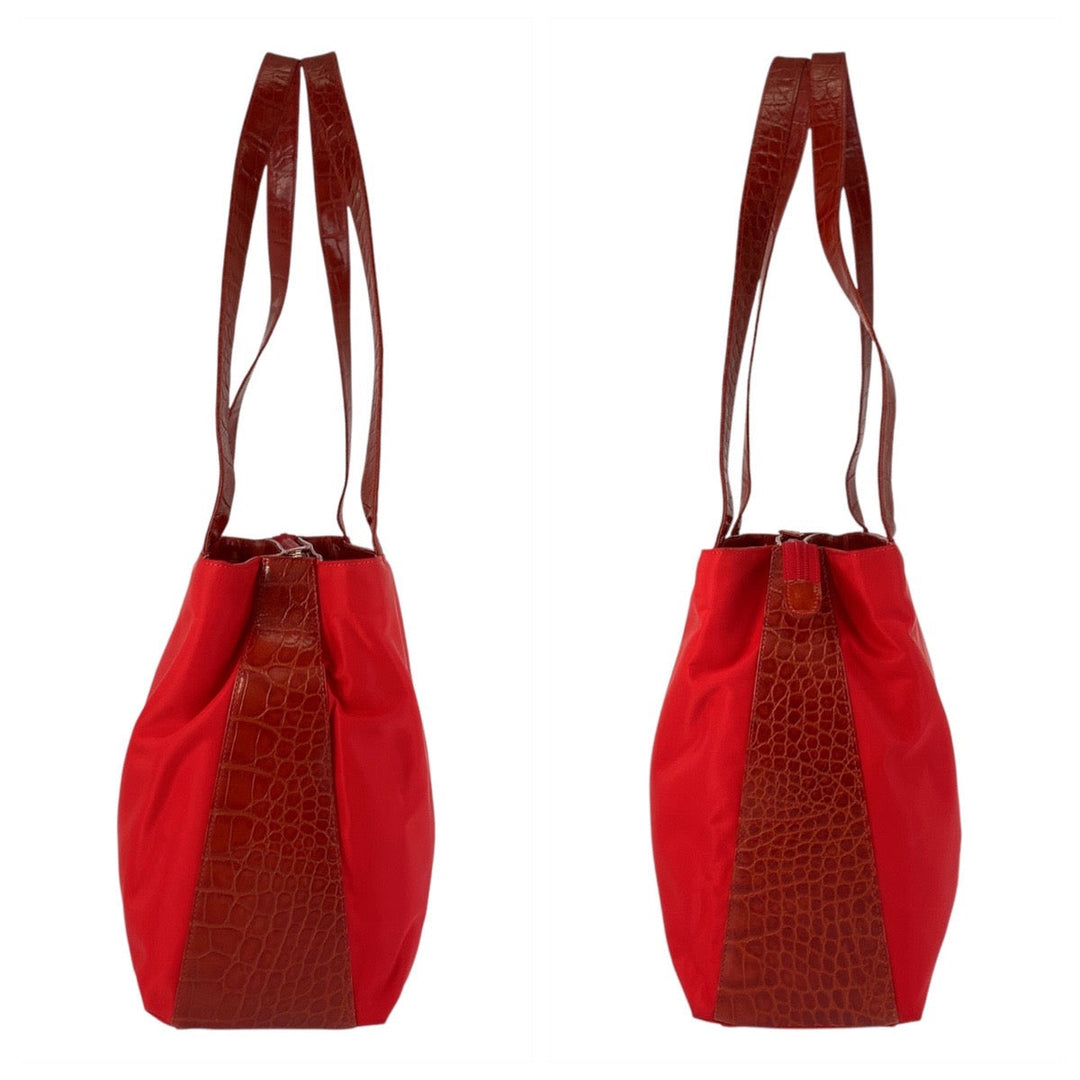 Gianni Versace Tote Bag Nylon, Leather Red Silver Metal Tote Bag Shoulder Bag Women Used Authentic