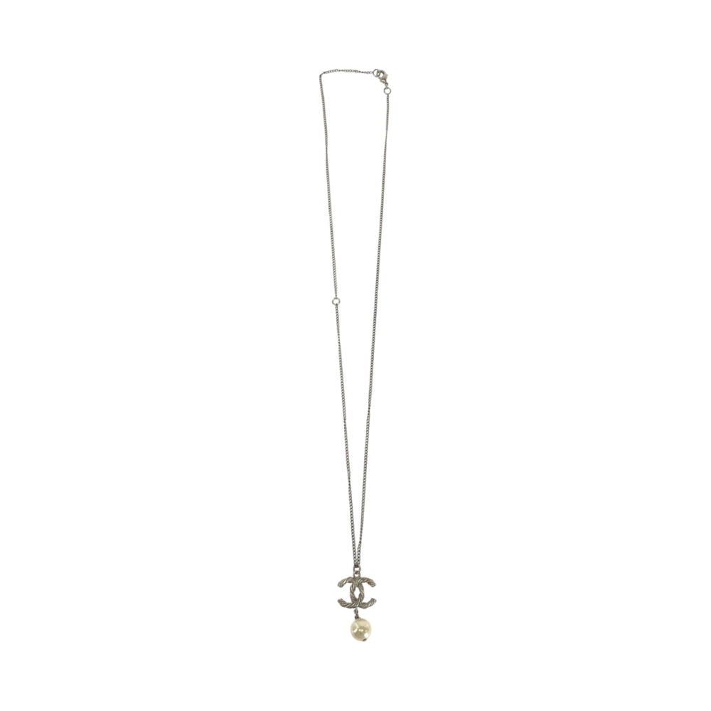 CHANEL Necklace plating Silver white Necklace COCO Mark Fake Pearl Women Used Authentic