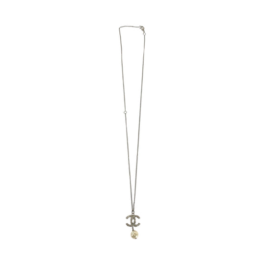 CHANEL Necklace plating Silver white Necklace COCO Mark Fake Pearl Women Used Authentic
