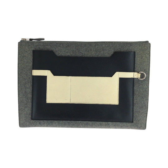 HERMES Clutch bag Felt, Epsom Grey Black Ivory SilverMetal Clutch bag business bag Toudou 37 mens Used Authentic