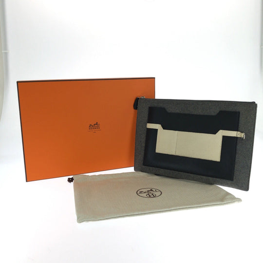 HERMES Clutch bag Felt, Epsom Grey Black Ivory SilverMetal Clutch bag business bag Toudou 37 mens Used Authentic