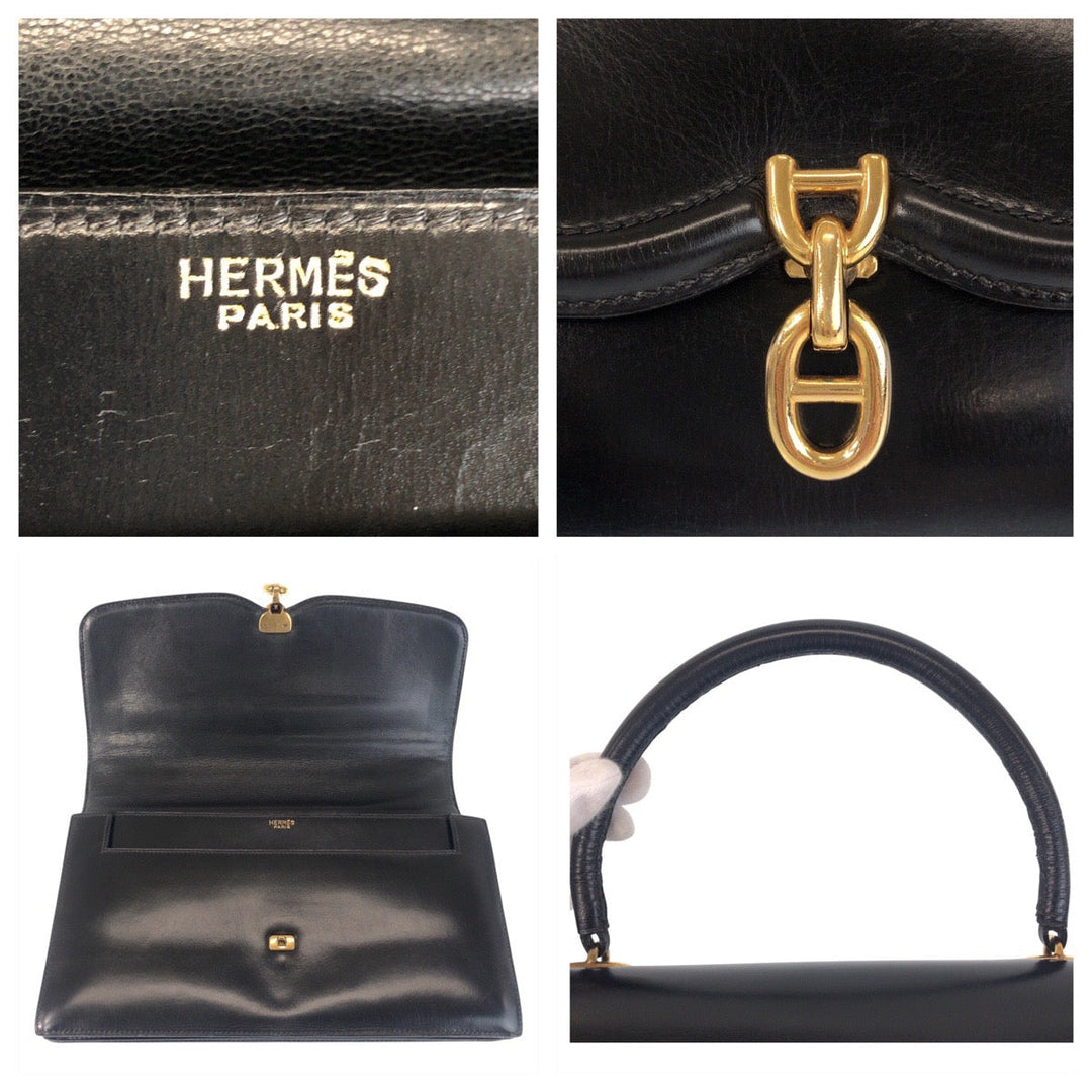 HERMES Handbag Box scarf Black Gold Metal Chene Dunkle Sac A Man Women Used Authentic