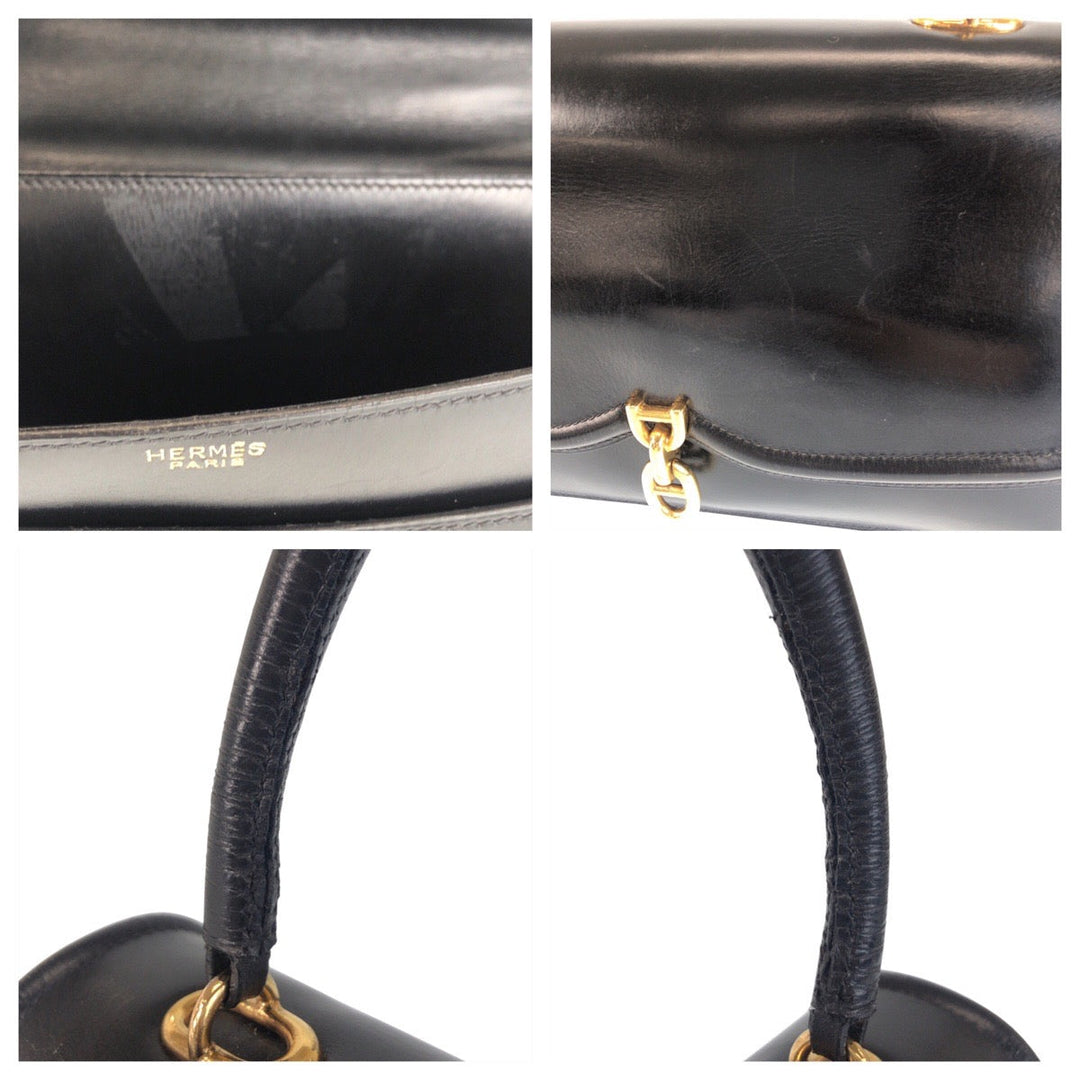 HERMES Handbag Box scarf Black Gold Metal Chene Dunkle Sac A Man Women Used Authentic