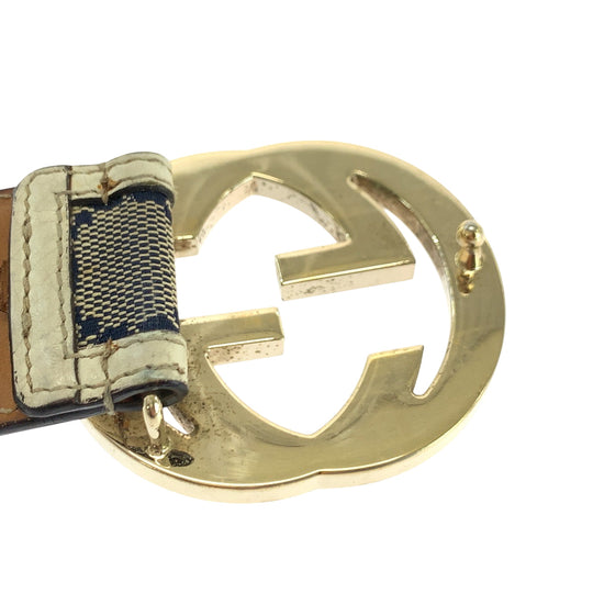 GUCCI belt 114876 GG canvas Beige Navy Ivory Gold Metal Belt buckle Interlocking mens Used Authentic