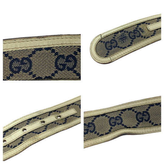 GUCCI belt 114876 GG canvas Beige Navy Ivory Gold Metal Belt buckle Interlocking mens Used Authentic