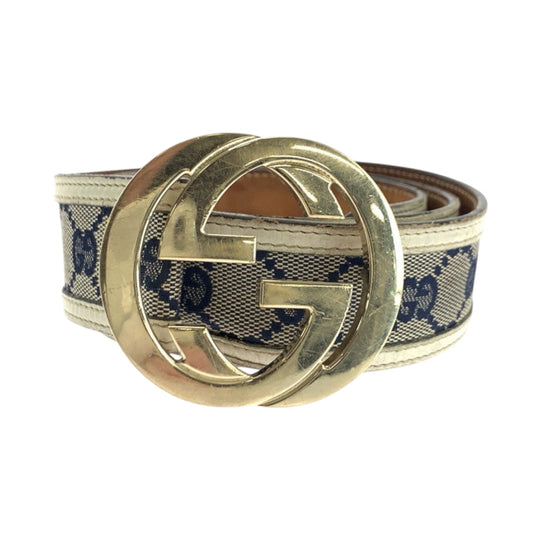 GUCCI belt 114876 GG canvas Beige Navy Ivory Gold Metal Belt buckle Interlocking mens Used Authentic