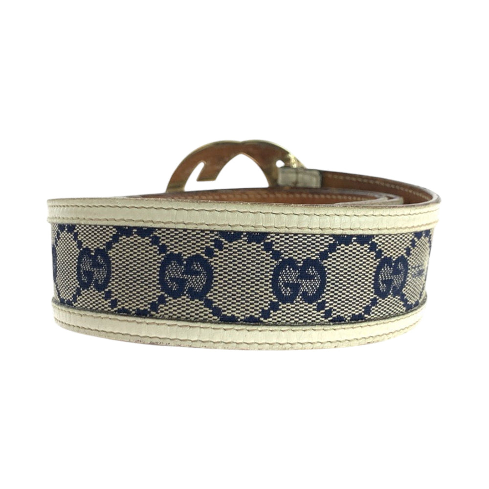 GUCCI belt 114876 GG canvas Beige Navy Ivory Gold Metal Belt buckle Interlocking mens Used Authentic