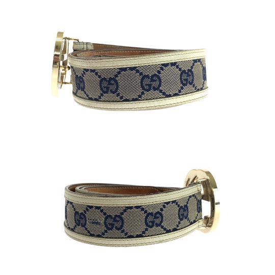 GUCCI belt 114876 GG canvas Beige Navy Ivory Gold Metal Belt buckle Interlocking mens Used Authentic