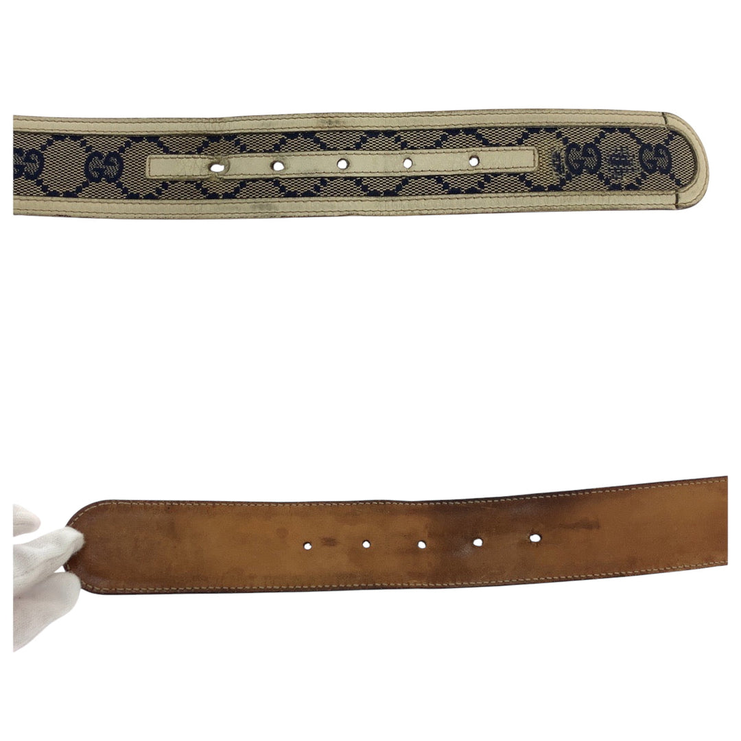 GUCCI belt 114876 GG canvas Beige Navy Ivory Gold Metal Belt buckle Interlocking mens Used Authentic