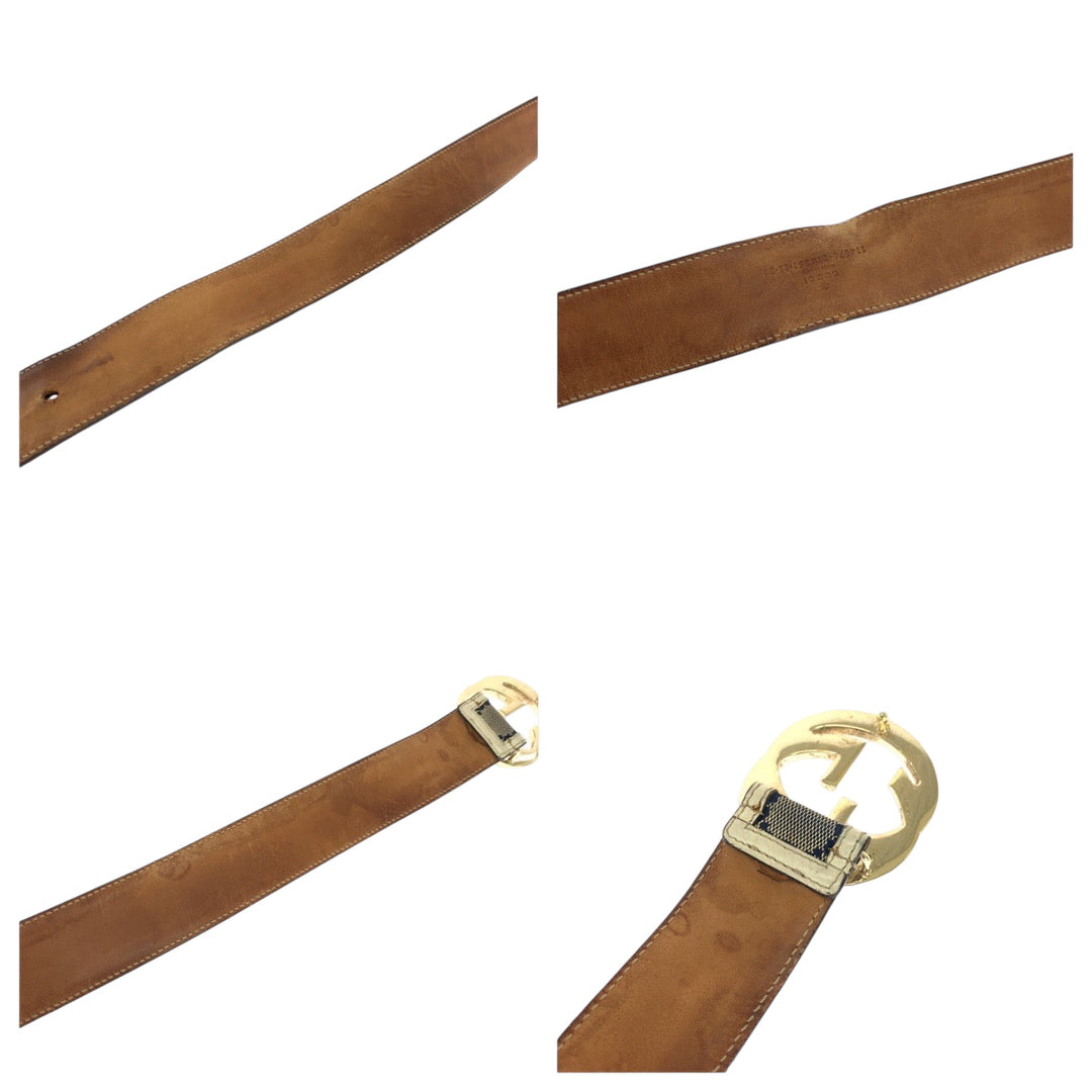 GUCCI belt 114876 GG canvas Beige Navy Ivory Gold Metal Belt buckle Interlocking mens Used Authentic