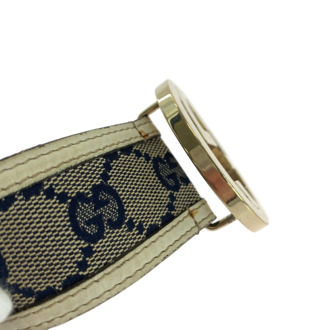 GUCCI belt 114876 GG canvas Beige Navy Ivory Gold Metal Belt buckle Interlocking mens Used Authentic