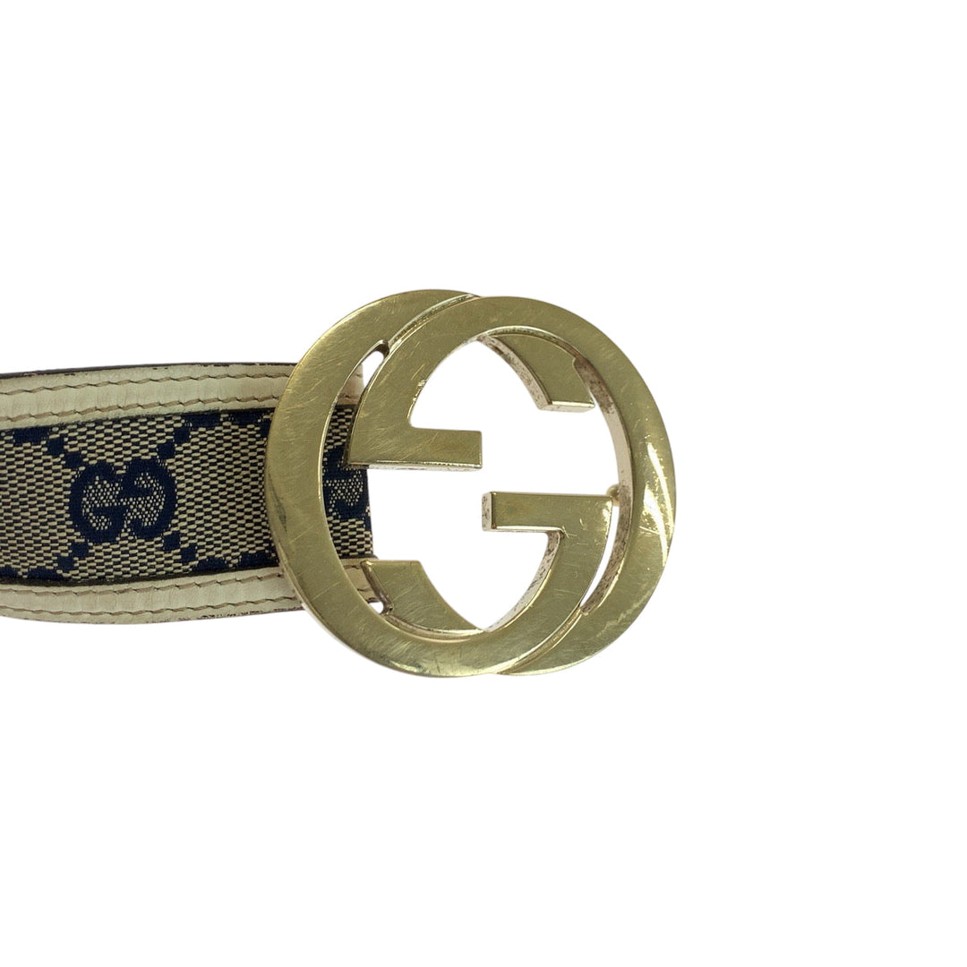 GUCCI belt 114876 GG canvas Beige Navy Ivory Gold Metal Belt buckle Interlocking mens Used Authentic