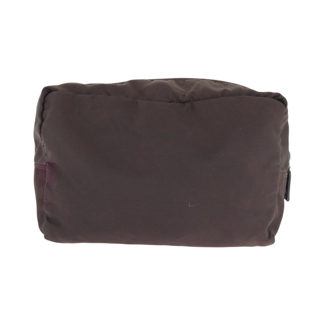 PRADA Pouch Nylon Brown Silver Metal Pouch Cosmetics Pouch Test Triangle With logo Women Used Authentic