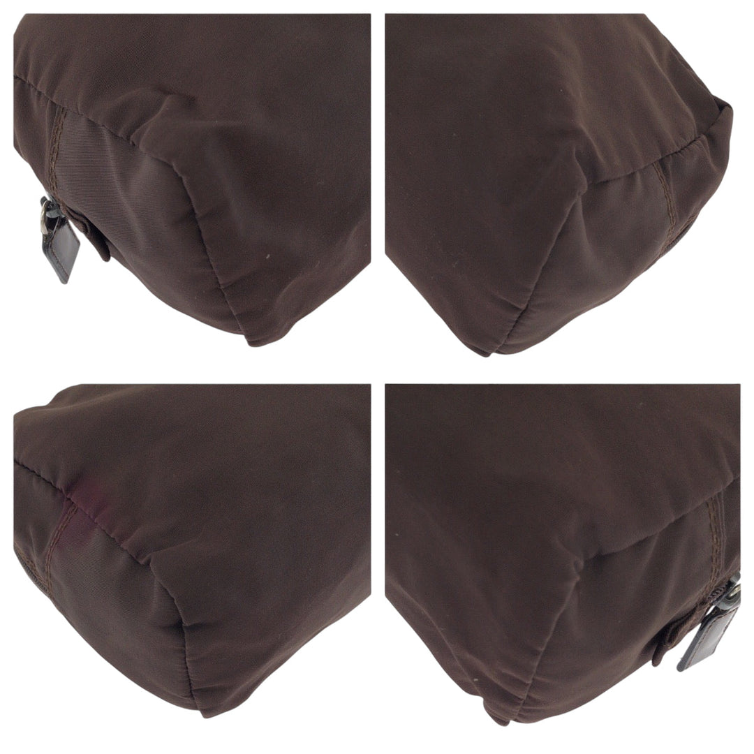 PRADA Pouch Nylon Brown Silver Metal Pouch Cosmetics Pouch Test Triangle With logo Women Used Authentic