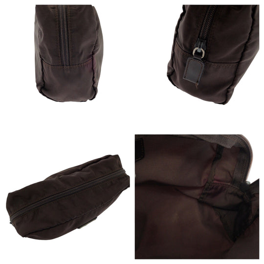 PRADA Pouch Nylon Brown Silver Metal Pouch Cosmetics Pouch Test Triangle With logo Women Used Authentic