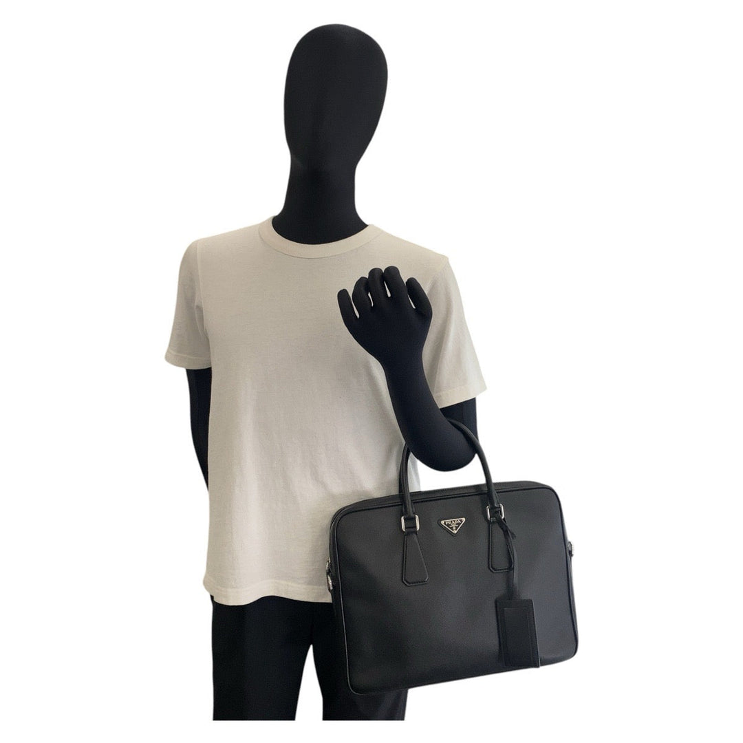 PRADA Business bag leather Black SilverMetal Business bag briefcase Safiano mens Used Authentic