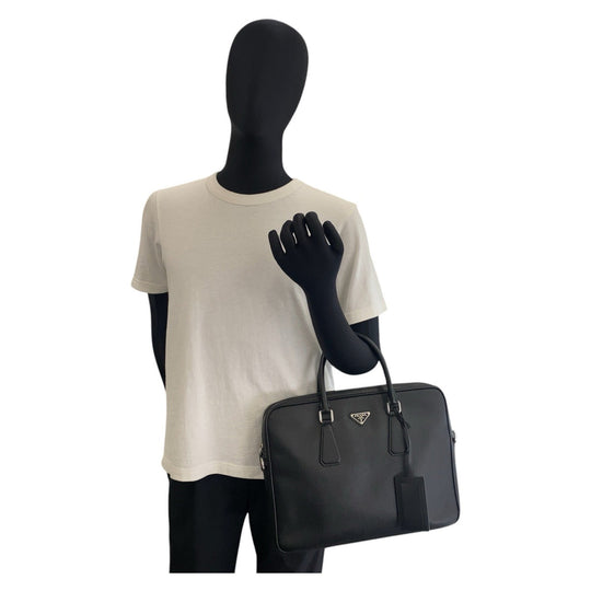 PRADA Business bag leather Black SilverMetal Business bag briefcase Safiano mens Used Authentic