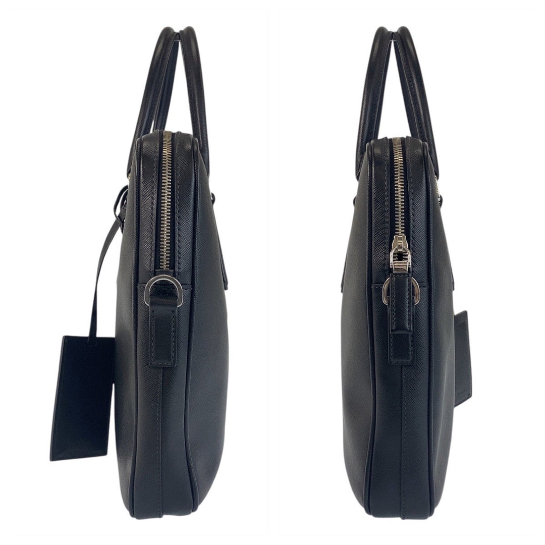 PRADA Business bag leather Black SilverMetal Business bag briefcase Safiano mens Used Authentic