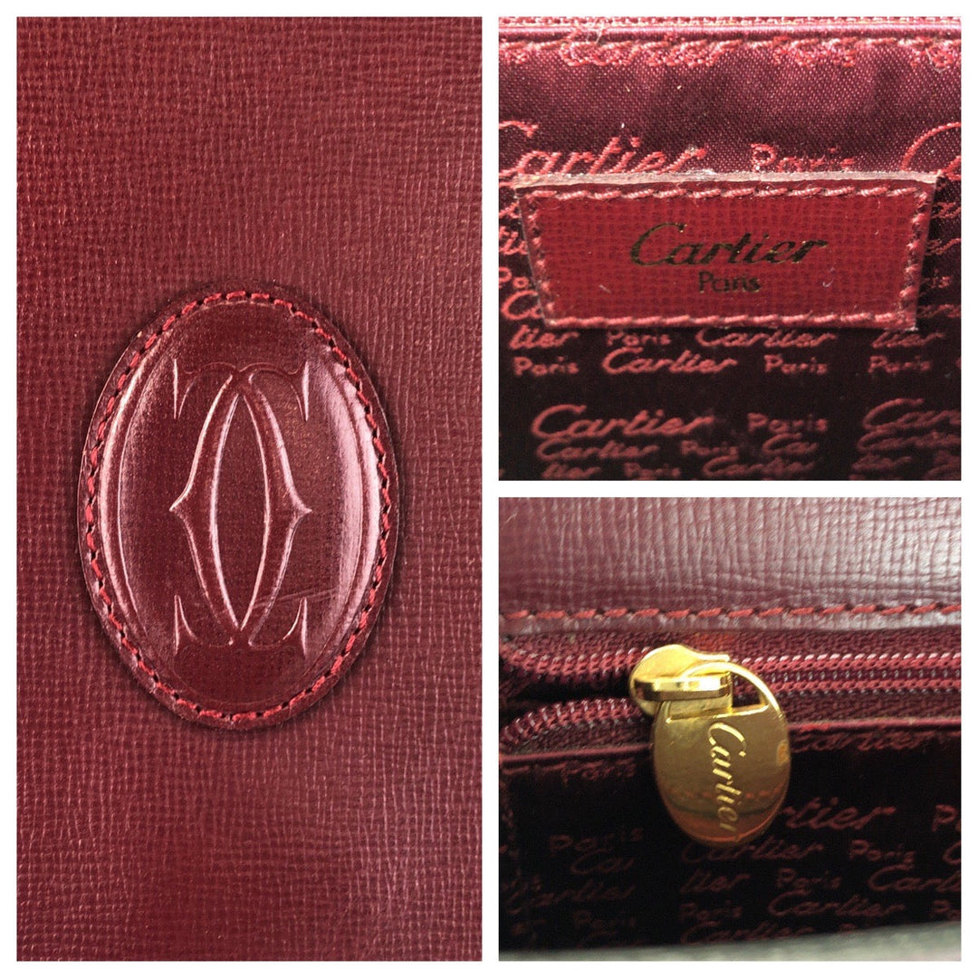 CARTIER Shoulder Bag leather Bordeaux Gold Metal Shoulder Bag pochette Must Line Women Used Authentic