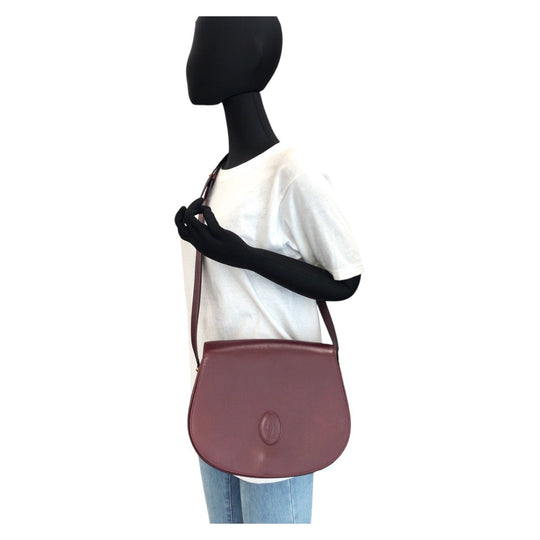 CARTIER Shoulder Bag leather Bordeaux Gold Metal Shoulder Bag pochette Must Line Women Used Authentic