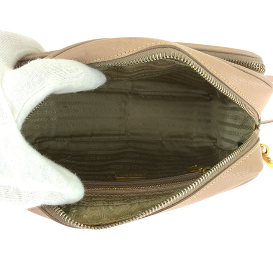 PRADA Shoulder Bag BT1010 leather Pink Beige Gold Metal Shoulder Bag pochette Safiano Triangle With logo Women Used Authentic