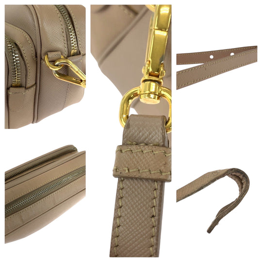PRADA Shoulder Bag BT1010 leather Pink Beige Gold Metal Shoulder Bag pochette Safiano Triangle With logo Women Used Authentic