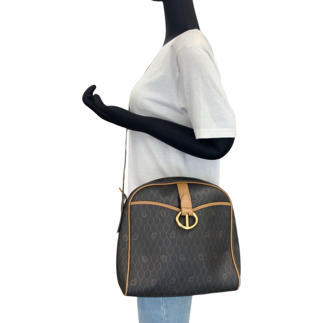 Dior Shoulder Bag PVC Brown Gold Metal Shoulder Bag pochette Honeycomb Pattern Women Used Authentic