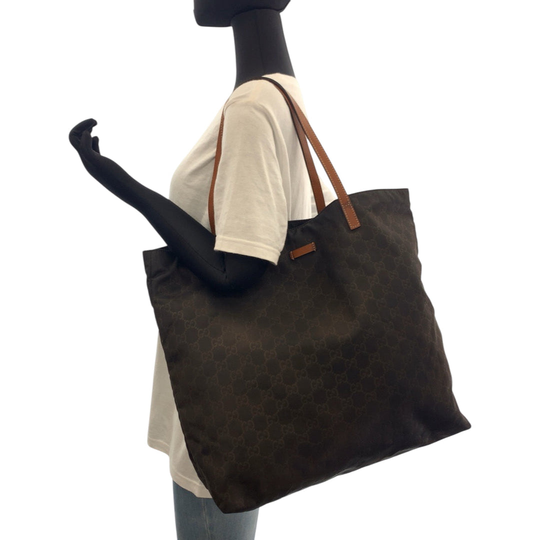 GUCCI Tote Bag 524947 Nylon Brown Black Gold Metal Tote Bag Shoulder Bag Women Used Authentic