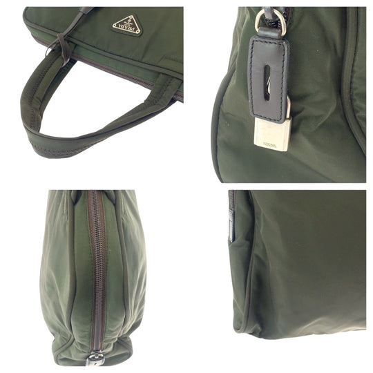 PRADA Tote Bag Nylon Khaki SilverMetal Tote Bag handbag Test Triangle With logo Women Used Authentic