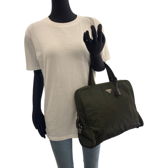 PRADA Tote Bag Nylon Khaki SilverMetal Tote Bag handbag Test Triangle With logo Women Used Authentic