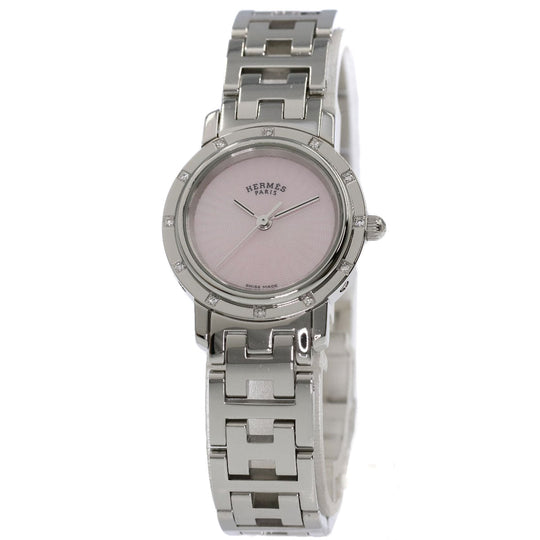 HERMES Watches Quartz CL4.230 Stainless Steel , Stainless Steel Silver Clipper Nacre 12P Diamond Pink shell dial Women Used Authentic