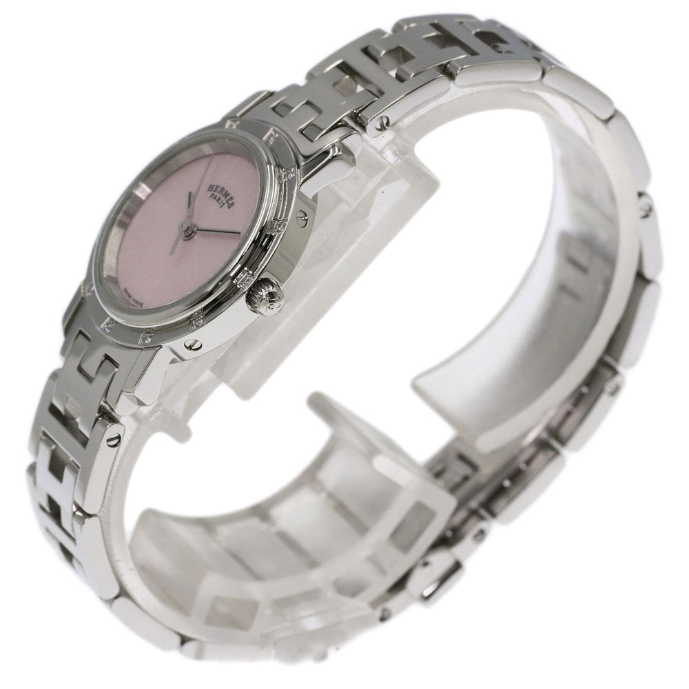 HERMES Watches Quartz CL4.230 Stainless Steel , Stainless Steel Silver Clipper Nacre 12P Diamond Pink shell dial Women Used Authentic