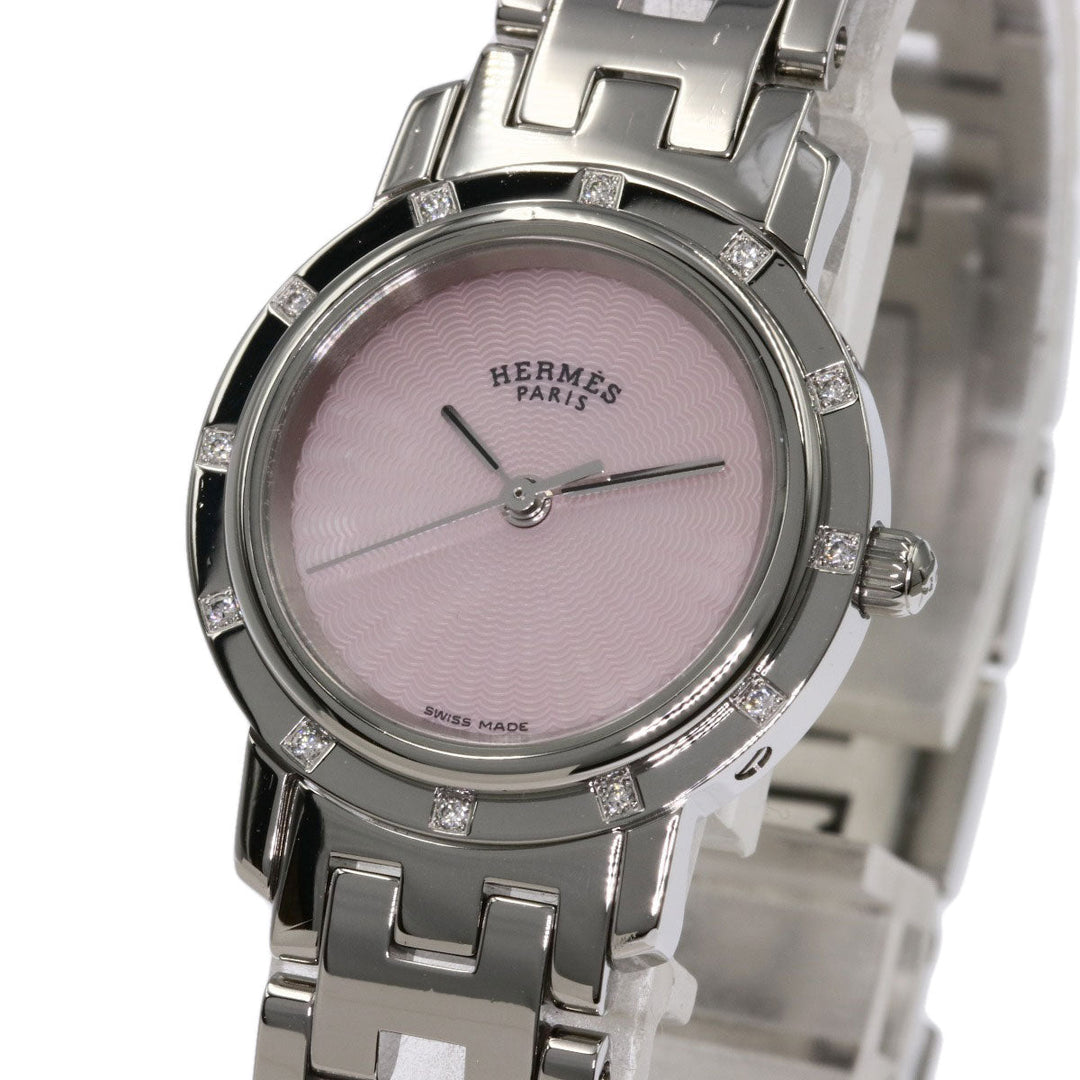 HERMES Watches Quartz CL4.230 Stainless Steel , Stainless Steel Silver Clipper Nacre 12P Diamond Pink shell dial Women Used Authentic
