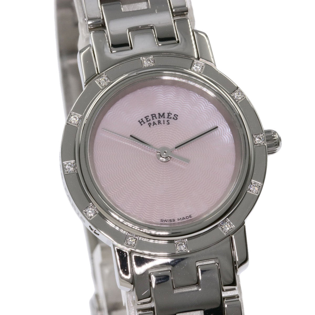 HERMES Watches Quartz CL4.230 Stainless Steel , Stainless Steel Silver Clipper Nacre 12P Diamond Pink shell dial Women Used Authentic
