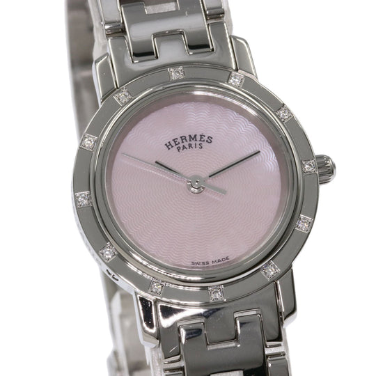 HERMES Watches Quartz CL4.230 Stainless Steel , Stainless Steel Silver Clipper Nacre 12P Diamond Pink shell dial Women Used Authentic