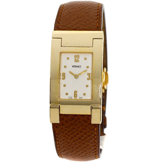 VERSACE Watches Quartz Gold Plated, Leather gold Fifth Silver dial Women Used Authentic