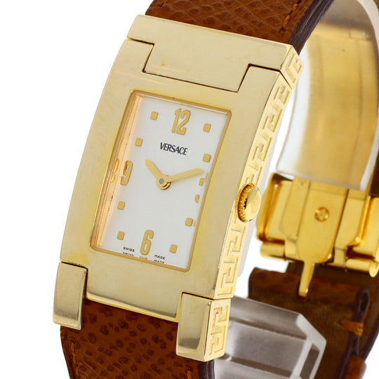 VERSACE Watches Quartz Gold Plated, Leather gold Fifth Silver dial Women Used Authentic