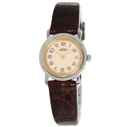 HERMES Watches Quartz Stainless Steel, Leather gold Clipper Ivory dial Women Used Authentic