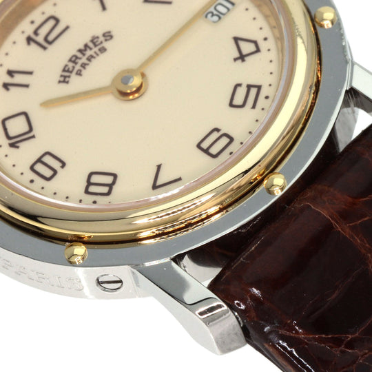 HERMES Watches Quartz Stainless Steel, Leather gold Clipper Ivory dial Women Used Authentic