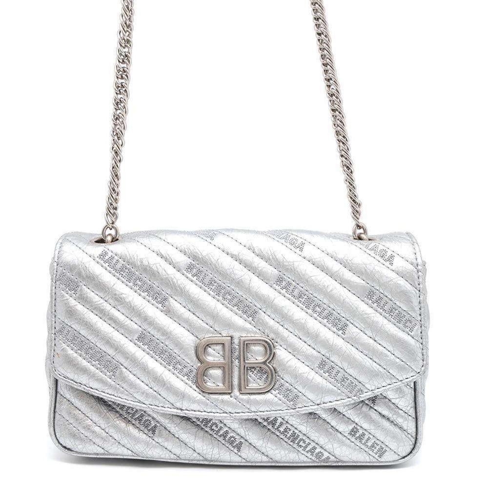BALENCIAGA BB Logo Leather Silver Chain Shoulder Bag Preloved